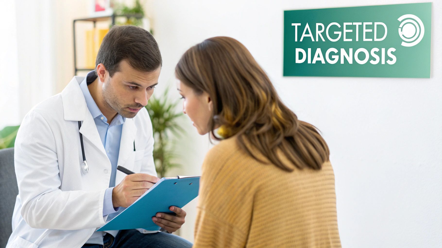A male doctor in a white coat writes on a clipboard while consulting with a female patient.
